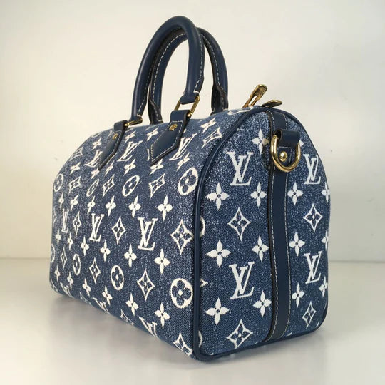 Speedy 25 Denim Handbag - Navy/White